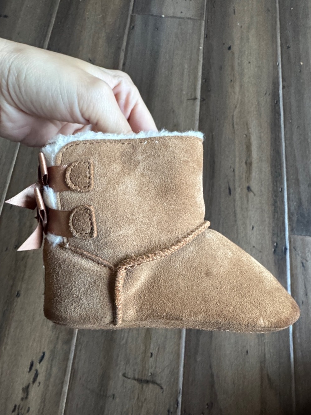 UGG Chestnut Suede Baby Booties with Ribbon Bows